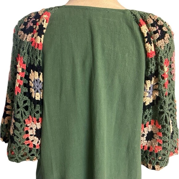 UMGEE Crocheted Green Lined Sleeves Linen Cotton Flutter Short Sleeves Top Sz S - Picture 9 of 11